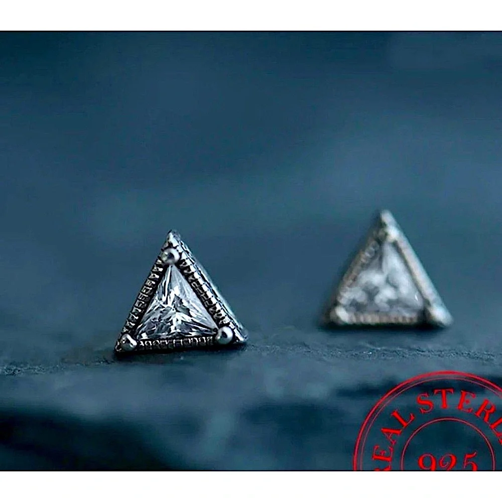 NEW Unisex Triangle Simulated‎ Diamond 925 Silver Stud Earrings